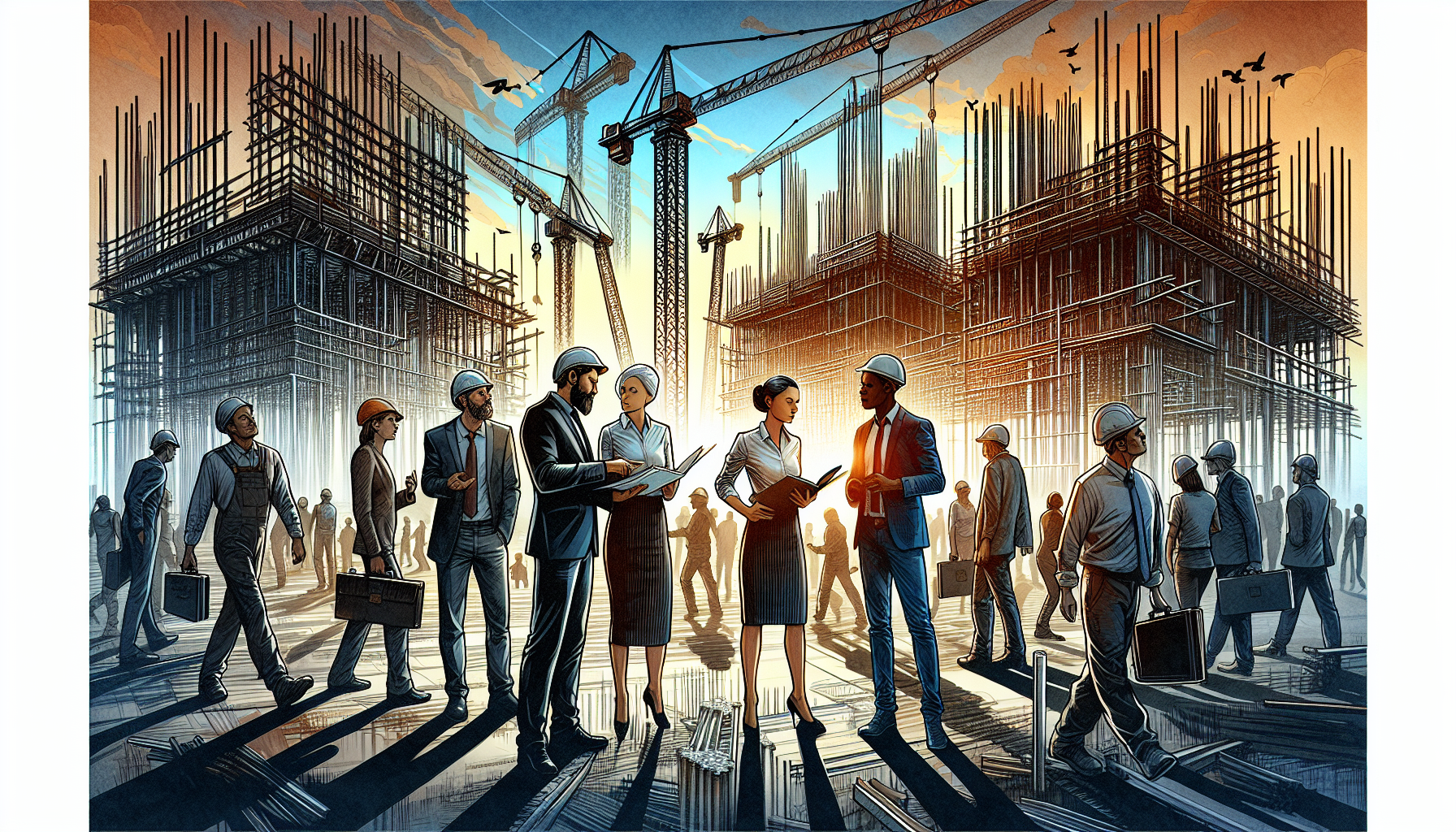 Illustration of a construction site with project managers reviewing progress reports