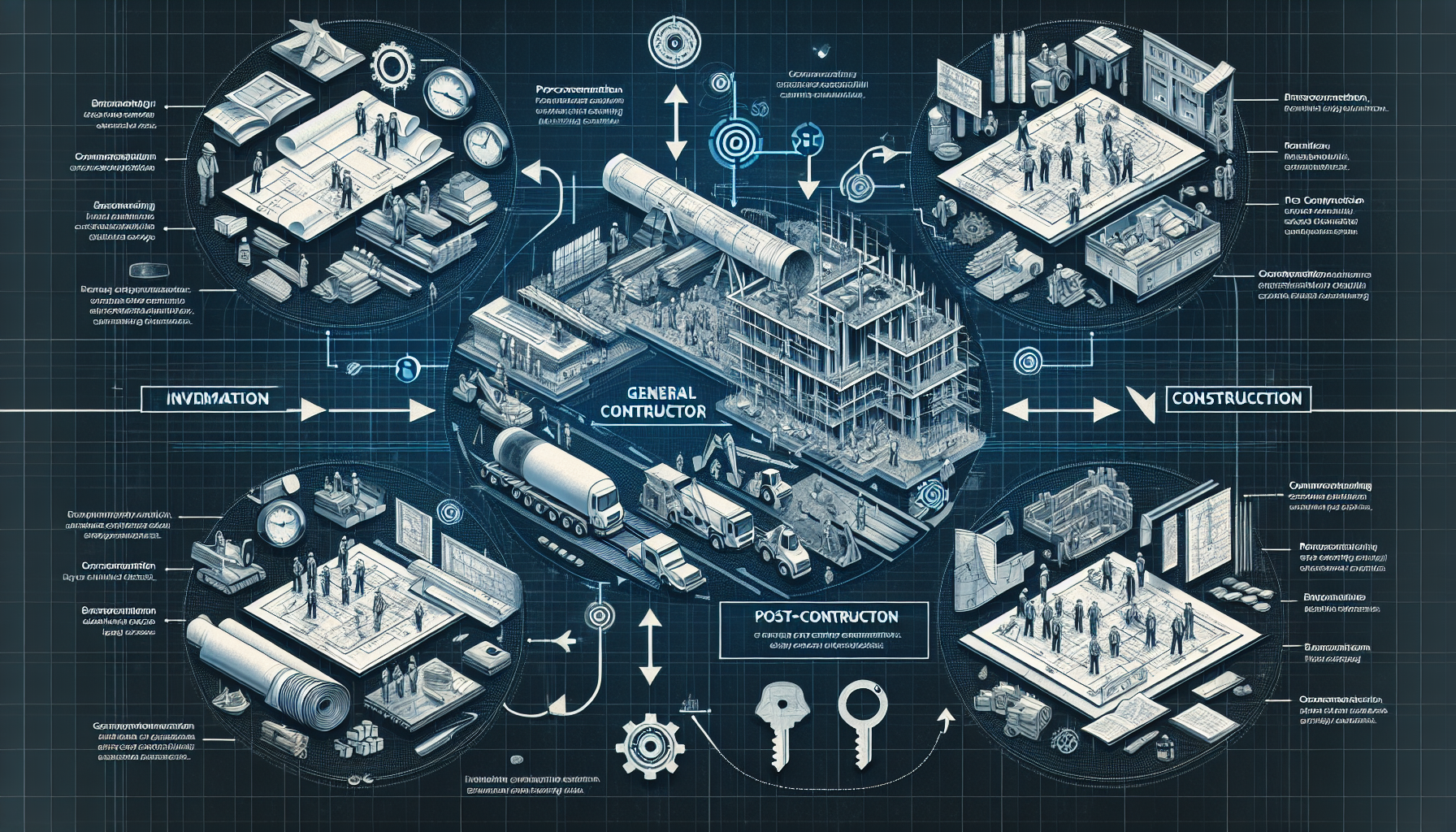 An illustration showing the different phases of construction managed by a general contractor.